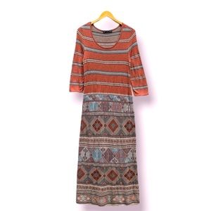 Peruvian Connection -  Size M Rust Aztec Half Sleeve Pima Cotton Maxi Dress